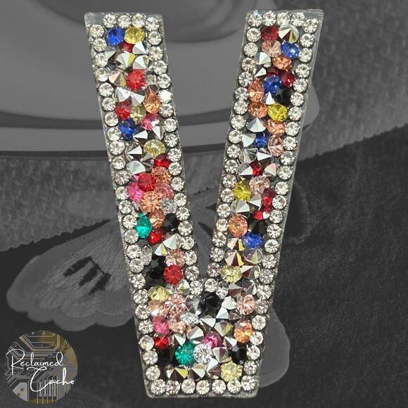 Letter V Multicolor Rhinestone Iron On Patch - Picture 1 of 2